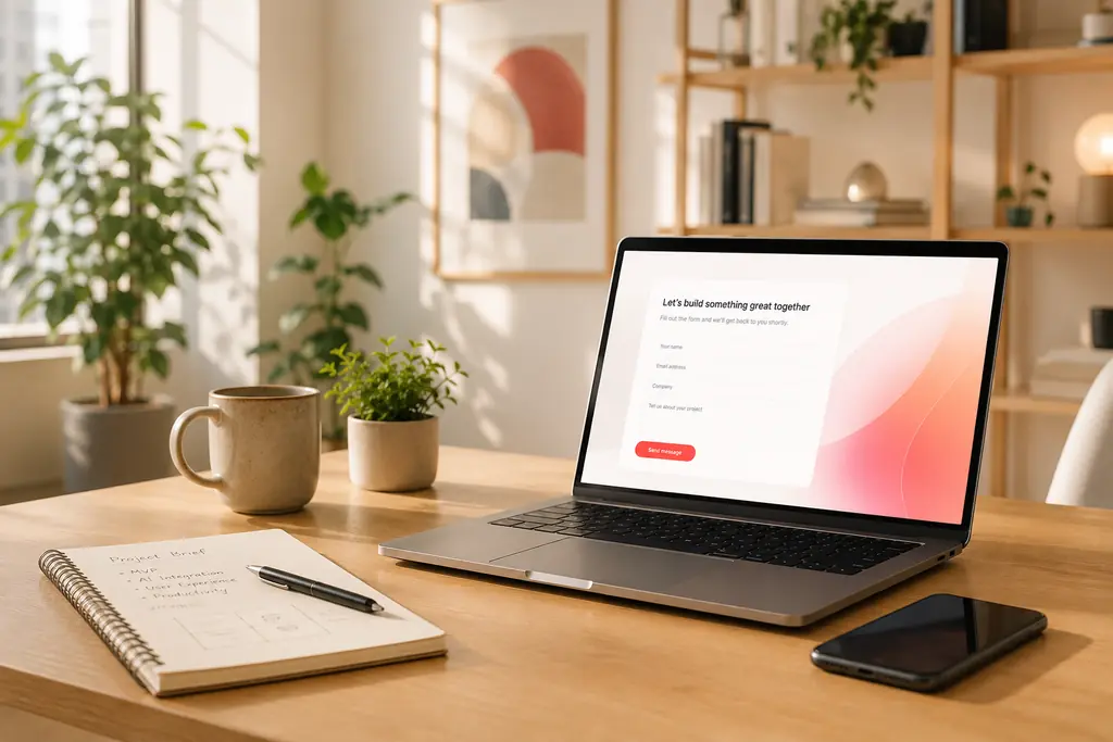 A laptop on a tidy desk showing a project inquiry form